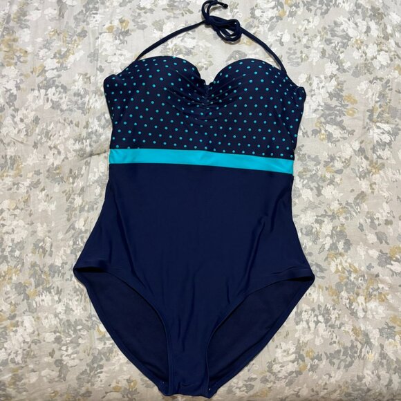 Gap Body Polka Dot Navy One-Piece Swimsuit — Halter Tie • Padded Cups • Size M - Picture 4 of 5
